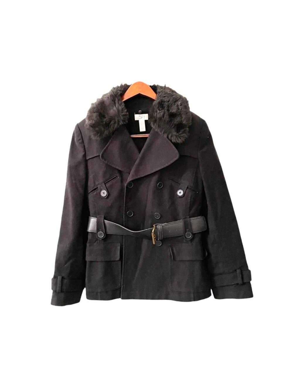 LOFT Black Belted Pea Coat Removable Faux Fur Collar Womens Size 8 Chic Glam